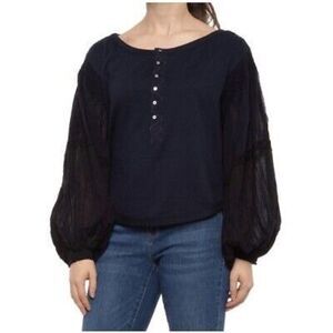 NWOT Free People Black Light Magic Henley With Balloon Sleeves Women's Large